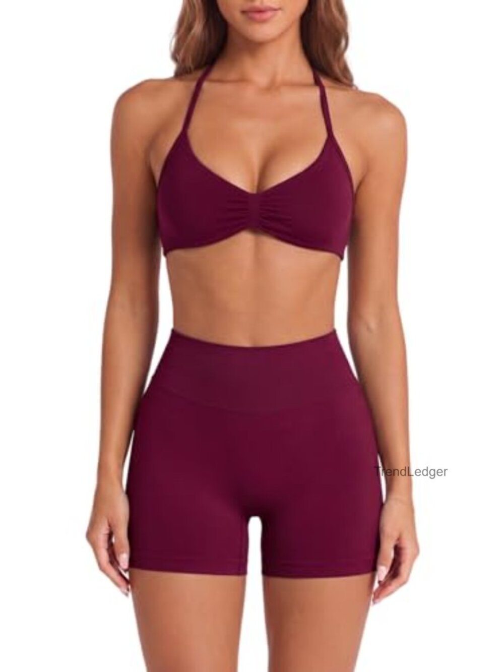 Womens Seamless 2 Piece Workout Set Halter Sports Bra Biker Shorts